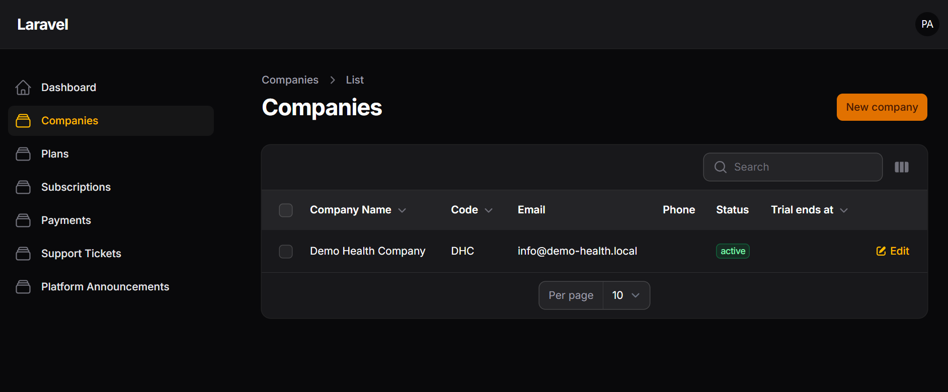 Platform admin — companies list
