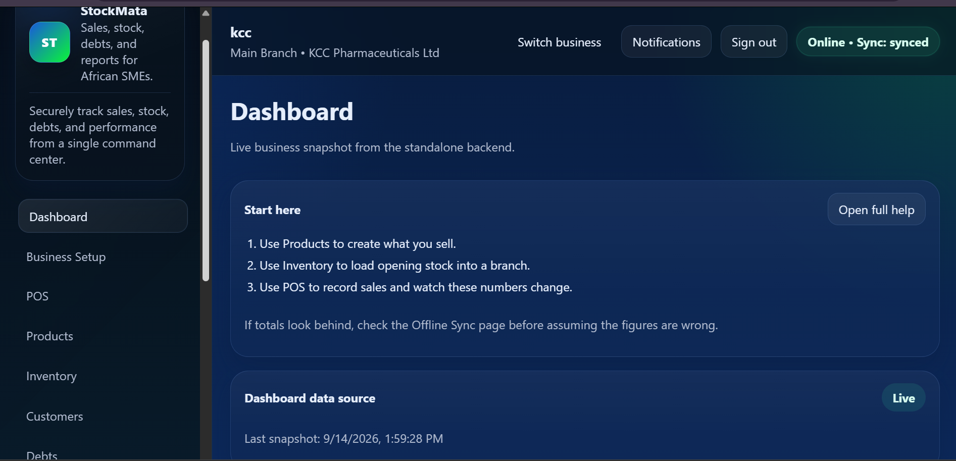StockMata Commercial dashboard for a demo tenant business